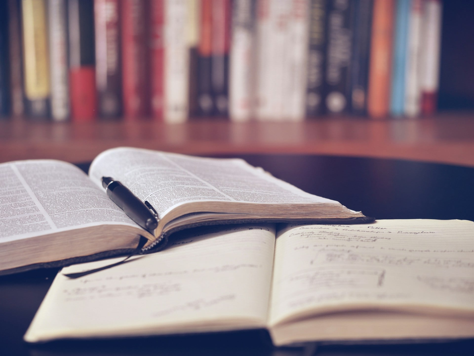 Een boek en notitieschrift liggen opengeklapt op tafel. Op één boek ligt een zwarte vulpen, in het andere boekje staan dingen opgeschreven.