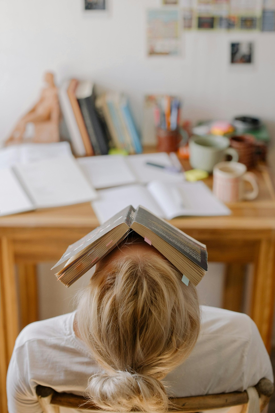 Een dame met blond haar in een knotje zit op een stoel en leunt haar hoofd achterover. Op haar gezicht ligt een boek opengeslagen naar beneden toe. Voor haar is een tafel te zien met meerdere opengeslagen schriften en twee kopjes.