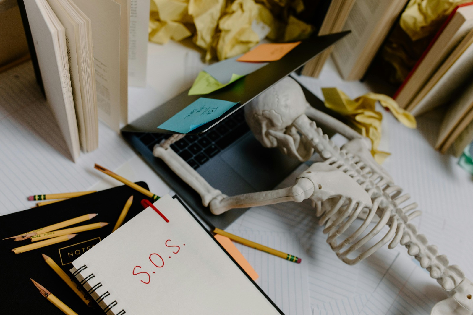 Een skelet ligt voorovergebogen op een opengeslagen laptop. Ernaast liggen verspreid allemaal potloden en een notebook met op de voorzijde S.O.S. in het rood geschreven.