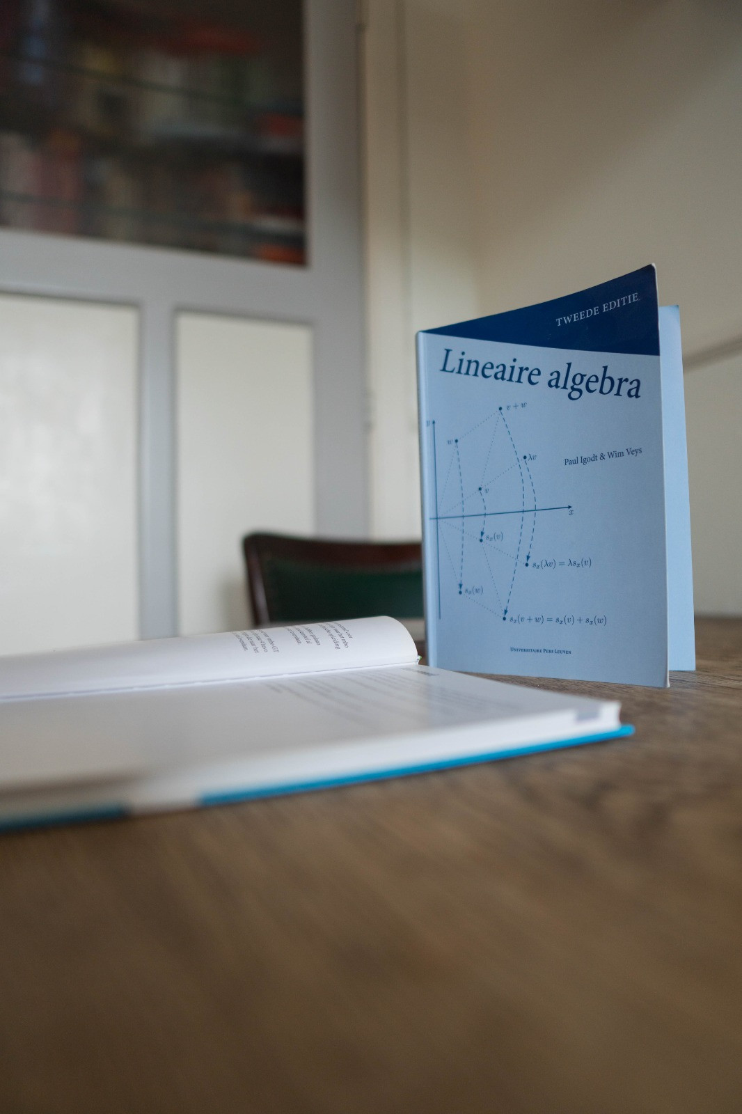 Boek staat rechtop op een houten tafel met het woord Lineaire Algebra erop. Ervoor ligt een ander boek opengeslagen.